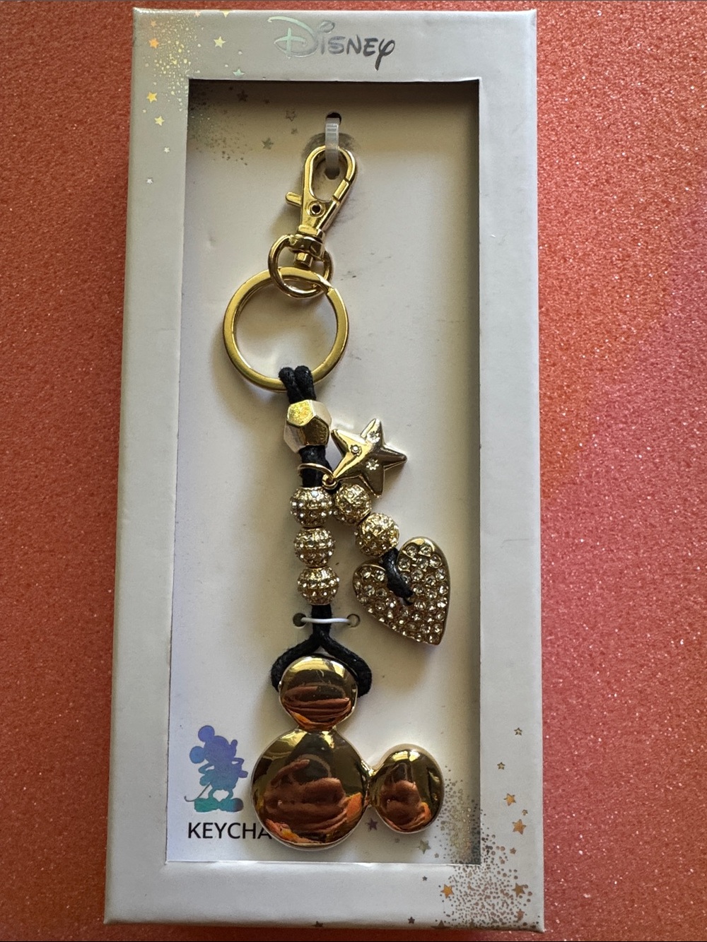 Disney Gold and Black Mickey Charm Keychain with Sparkle Heart